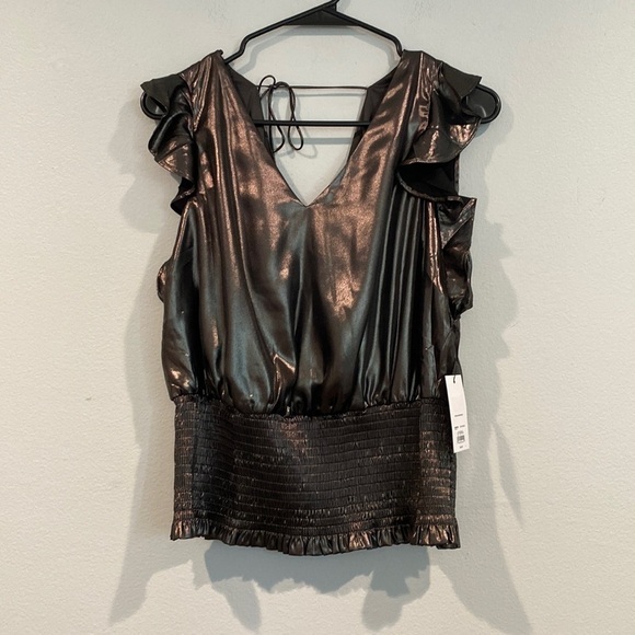 Nine West Dark Gray/Black Metallica Ruffled and Smocked V-Neck Blouse - Size M - Picture 1 of 8